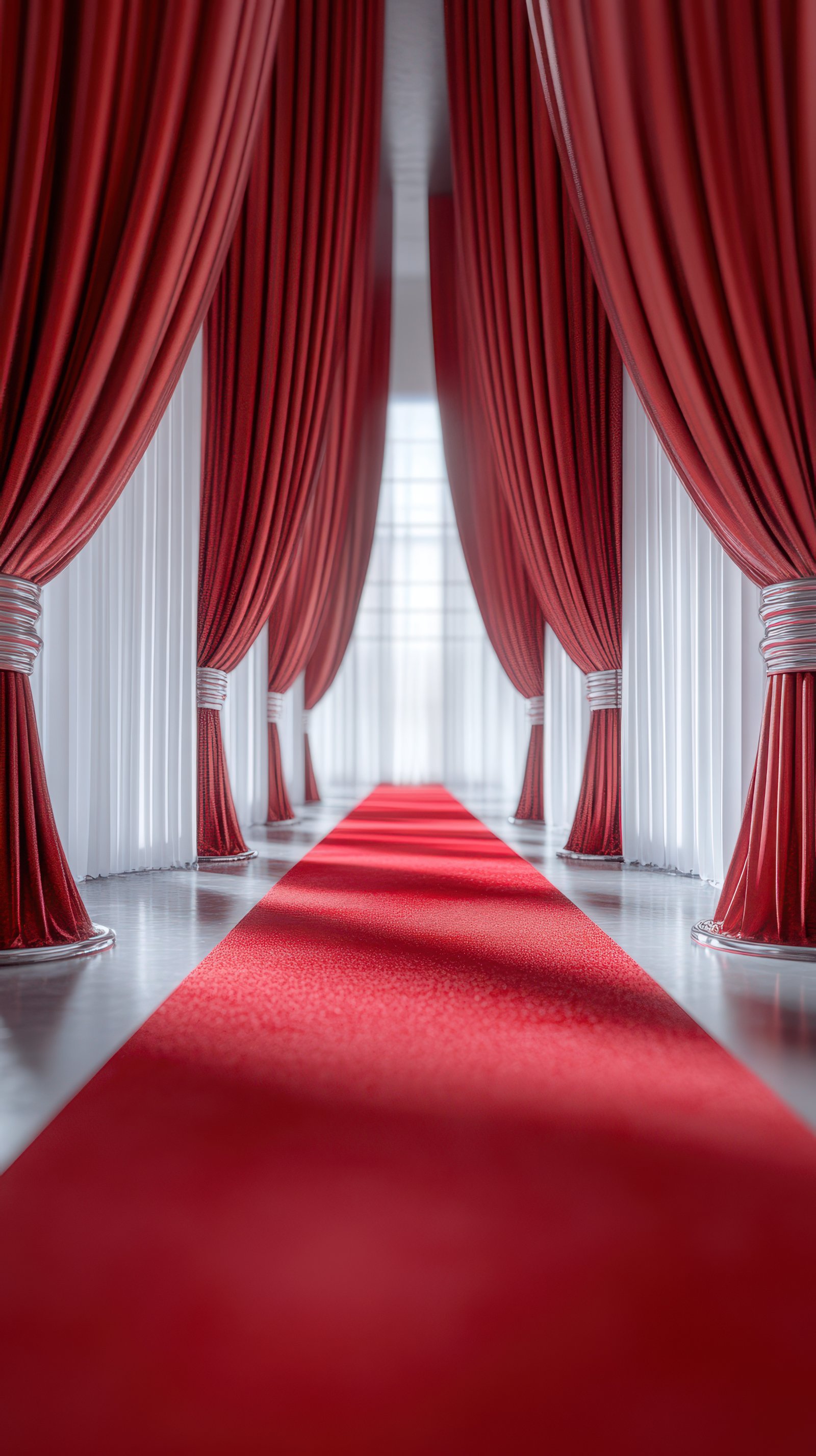 Elegant red carpet entrance flanked by luxurious curtains in a modern venue during daytime